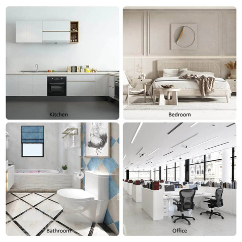 Modern home interiors: kitchen with white cabinets, bedroom with minimalist decor, bathroom with tiled walls, office with workstations