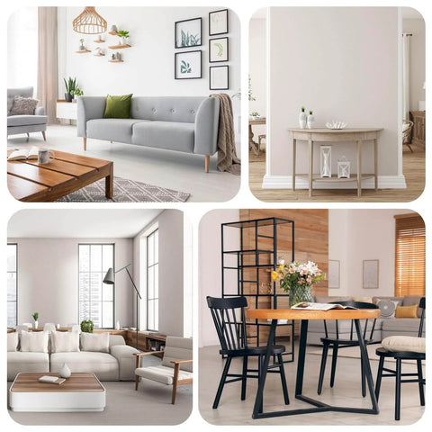 Modern living room furniture with a variety of stylish pieces including seating, tables, and decor.