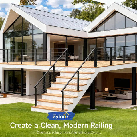 Modern house with outdoor stairs featuring Marine Grade Stainless Steel Angle Beveled Washer 0.35 Inch ID For 5/16 Cable.