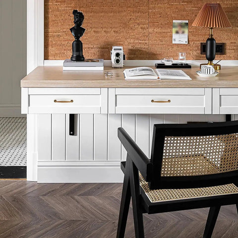 Modern kitchen with 5 Pack 5 Inch Antique Brass Kitchen Cabinet Handles Solid Zinc Alloy Cabinet Pulls installed on white drawers.