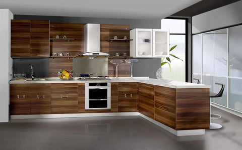 Modern kitchen with 304 Stainless Steel Foldable Cabinet And Drawer Pull Handles With Rubber Grip installed on wooden cabinets.