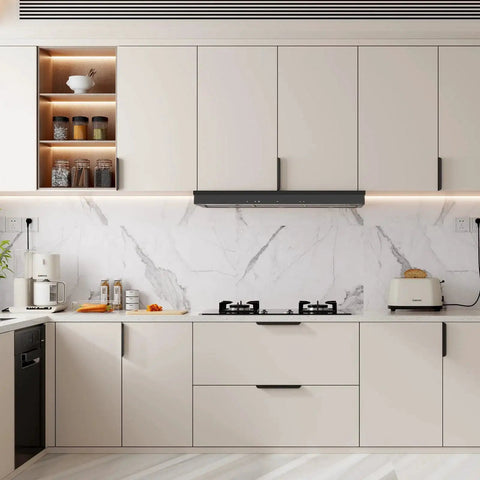 Modern kitchen with installed 10 Pack 5 Inch Black Cabinet Pulls Edge Finger Pulls For Cabinets And Dresser Drawers on white cupboards.
