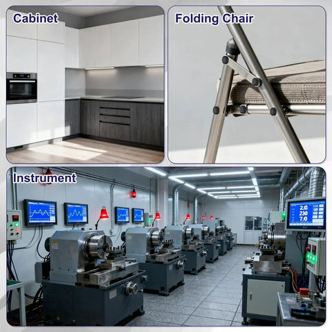 Collage of a kitchen cabinet, a metal folding chair, and an industrial machinery room with instruments.