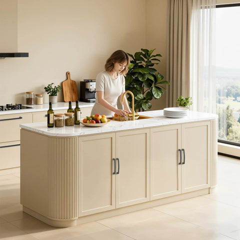 Kitchen island with Matte Dark Gunmetal Gray 5 Inch Hole Center Cabinet Pulls 10 Pack Solid Arch Drawer Handles visible on cabinet doors