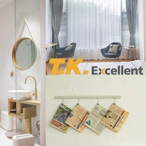 Bathroom with mirror and sink, room with chairs and curtains, and wall with hanging magazines. Text: T.K. Excellent.