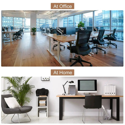 Modern office and home workspace setups with desks, chairs, and decor elements, showcasing organization and style.