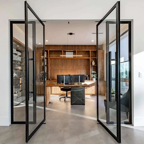 Contemporary home office with glass double doors, wooden shelves, and modern desk setup