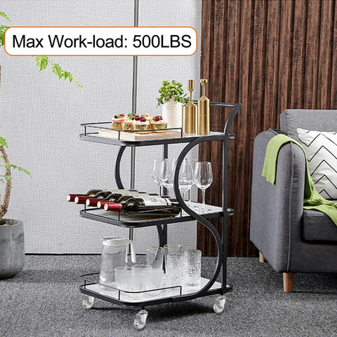 Bar cart with black frame, glass shelves, holding wine, glasses, and decor, on 2 Inch Stem Caster Wheels With M8x25mm Threaded Stem.
