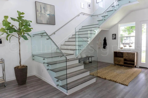 Indoor staircase with 2 Inch AISI 304 Grade Stainless Steel Glass Clamp Standoffs Pack Of 2 Black Matte Powder Coat Finish