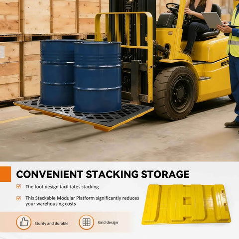 Forklift transporting Heavy Duty Modular 2 Drum Spill Pallet Workhorse For Forklift Access With 2000 Pound Capacity And Stackable Containment Tray