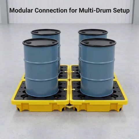 Single Drum Spill Containment Pallet With 15 Gallon Sump And 2000 Lbs Static Load, 26 By 26 Inch HDPE Platform For Workshop And Lab Use, Modular Drip Tray And Quick Setup For Storage, QWORK with 4 drums
