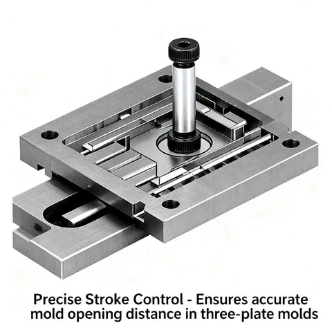Precise stroke control module for mold opening in three-plate molds with adjustable screw mechanism on metal base