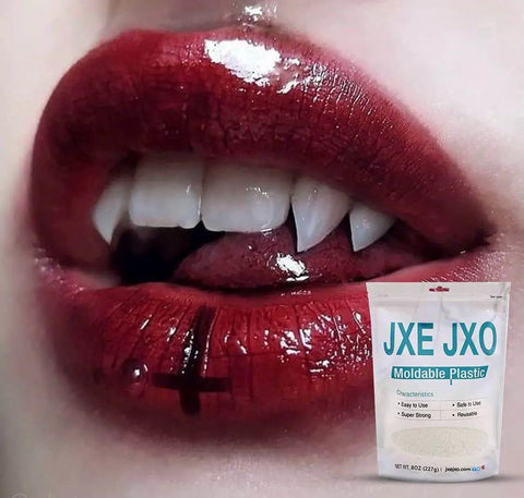 Moldable Thermoplastic Beads 8 oz Bag for DIY Crafts and Repairs next to red lips with vampire fangs.