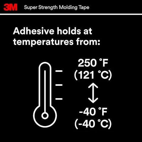 Heavy-Duty Automotive Molding Tape 7/8 Inch Wide By 15 Feet, Double-Sided Foam Adhesive Withstands -40F to 250F Thermometer Graphic