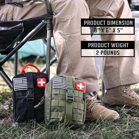 250 Piece Go To Survival IFAK First Aid Kit With Molle Pouch For Camping Hiking Boating And Emergency Preparedness EMT Ready Trauma Bag beside person seated outdoors