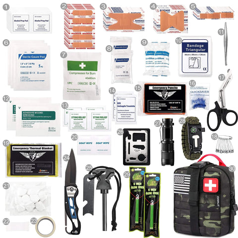 250 Piece Go To Survival IFAK First Aid Kit With Molle Pouch featuring medical supplies, tools, and MOLLE-compatible camo pouch