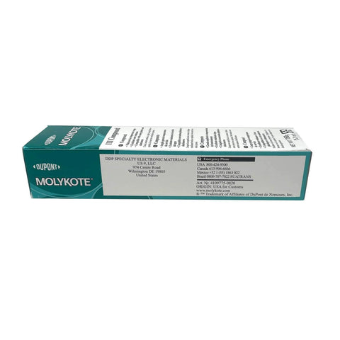 Molykote DOW 111 Lubricant & Sealant, 5.3 oz. Tube in packaging, side view showing product details.