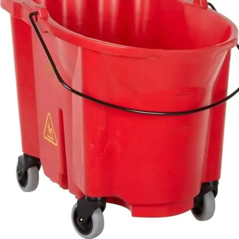 Red mop bucket with 4 Pack Mop Bucket Casters Replacement 3 Inch TPR Soft Rubber Swivel Stem Caster Universal Silent Wheels installed