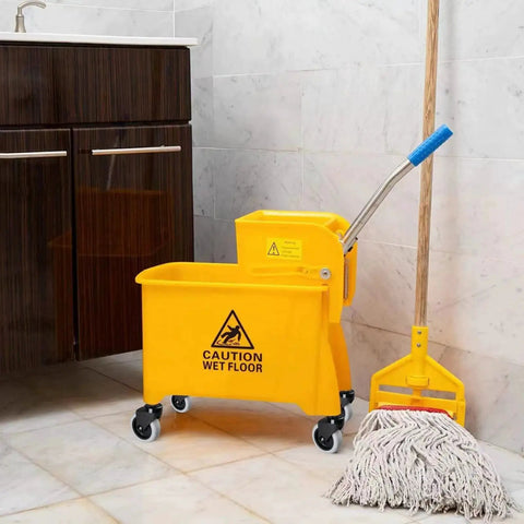 3 Inch Mop Bucket Wheel Replacement Set Of 4 Non Marking TPR Castors For Rubbermaid Models 7570 L2 7571 7580 7581 7582 7583 WaveBrake Compatible Plug And Play Design Durable Non Marking TPR Wheels For Quiet Operation And Easy Replacement installed on a yellow mop bucket.