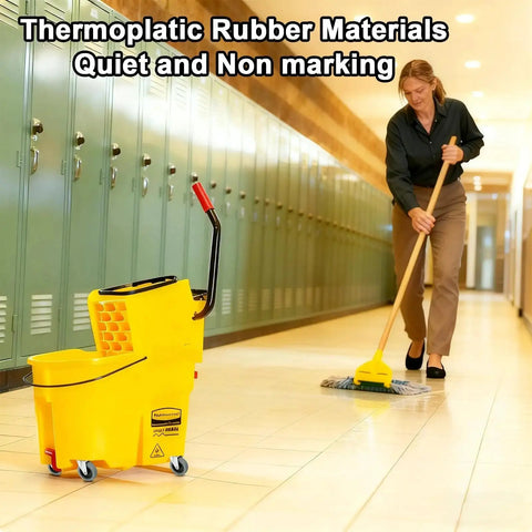 Yellow mop bucket with Heavy Duty Stem Caster Wheels 7 16 Inch Stem Diameter Swivel Rubber Casters TPR Replacement Wheels 4 Pack For Mop Buckets Utility Carts Shop Vac Grills And More Each Supports Up To 200 Lbs on hallway floor with person mopping