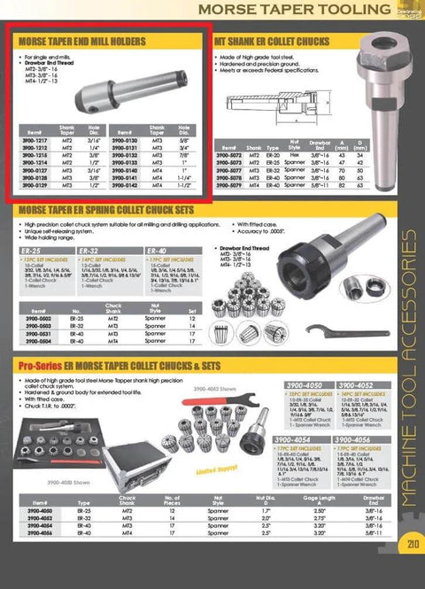 Catalog page showing MT3 Morse Taper End Mill Holder With Three Eighths Inch Shank And Drawbar End, CNC tooling accessories.