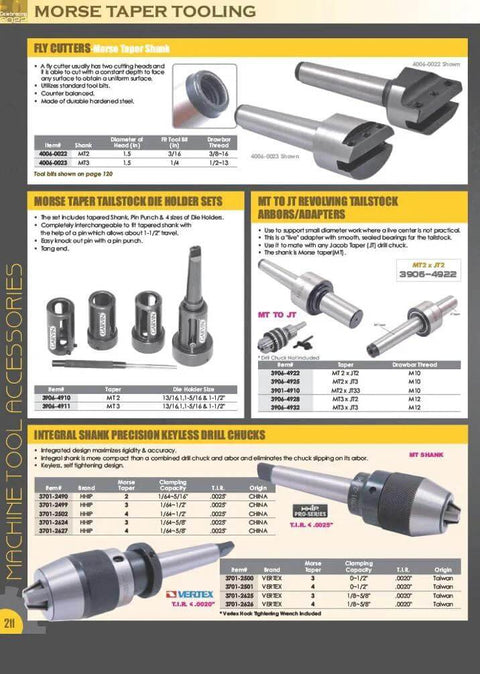 Page showing various Morse taper tooling products, including MT3 Morse Taper End Mill Holder with Three Eighths Inch Shank.