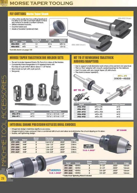 Catalog page showing various Morse Taper tooling products including fly cutters, tool holders, and drill chucks with specifications.