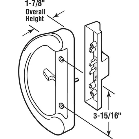 Diagram of Mortise Style Sliding Patio Door Handle Set with 3-15/16” hole spacing, white diecast, non-keyed.
