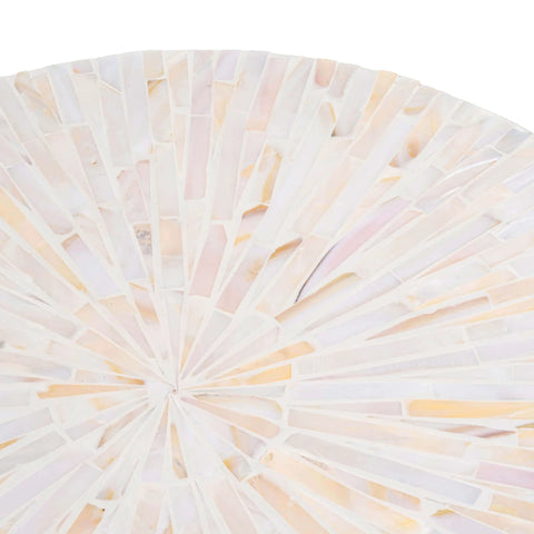 Close-up of the mother of pearl inlay on the 12.6 inch decorative lazy susan turntable designed for dining tables.