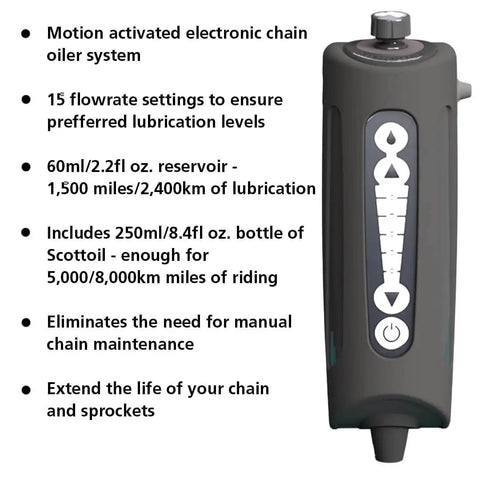 Motion activated electronic chain oiler X System 3.0 Plus with lubrication settings and reservoir, extends chain life and eliminates manual upkeep