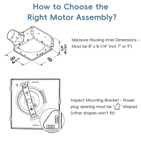 Diagram illustrating S97015162 Motor Upgrade Assembly Compatible with Broan NuTone Bathroom Exhaust Fans with 8" x 8-1/4" Housing.