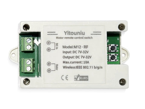 White Yitouniu motor remote control switch module, M12-RF, dual green terminal blocks, DC 7V-32V, 10A max