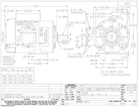 Technical drawing of Farm Duty High Torque Motor, Single Phase Capacitor Start, 3/4 hp, 1800 RPM, 115/208-230V, 11.0/5.4-5.5 amp.