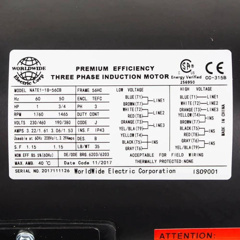 Label of 1 HP 3 Phase 56C Frame Electric Motor 1800 RPM TEFC 208-230/460V C-Face Worldwide Electric NATE1-18-56CB