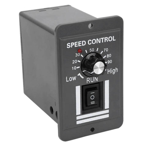 Front view of DC12V-60V/20A Motor Speed Controller with knob and switch, suitable for DC brush motor control.
