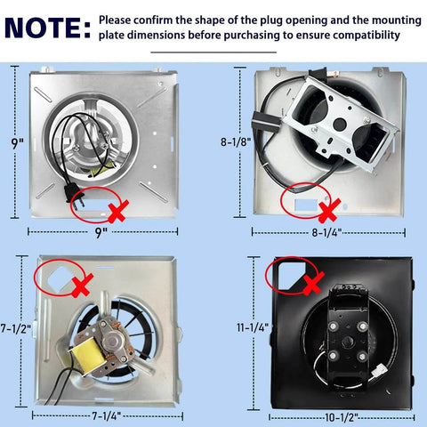 Diagram showing S97015162 Motor Upgrade Assembly dimensions for Broan NuTone Bathroom Exhaust Fans with 8" x 8-1/4" housing