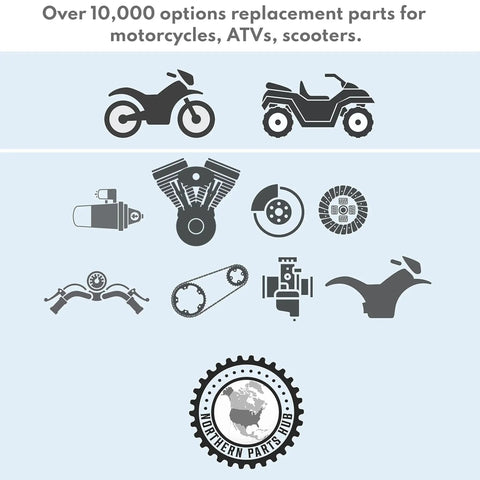 Illustration of motorcycle and ATV replacement parts with Northern Parts Hub logo and text highlighting over 10,000 options.