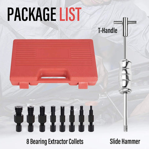 Motorcycle Blind Inner Bearing Puller Tool Kit with 8-32mm collets, slide hammer, T-handle, and carrying case, 9 pcs extractor kit