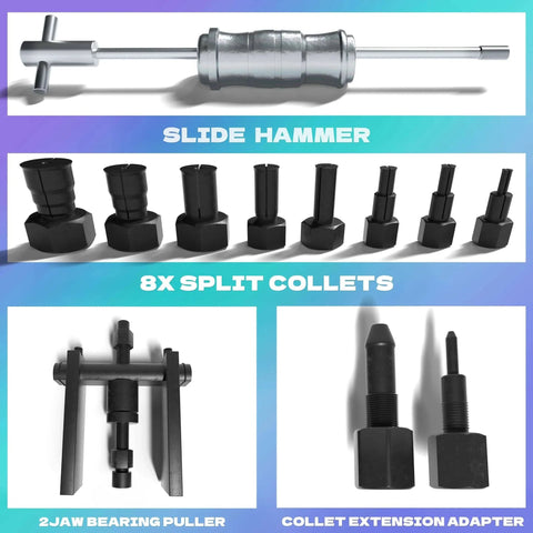 Blind Hole Bearing Puller Set 8-32mm with Slide Hammer, split collets, 2-jaw puller, and collet extension adapter on display