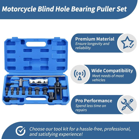 Blind Hole Bearing Puller Set for Motorcycles With Slide Hammer in blue case, includes collets, slide hammer, pilot insert, extractor.