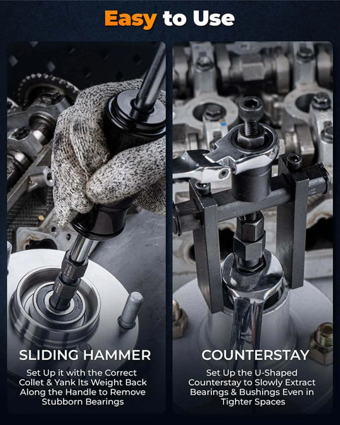 12pcs Motorcycle Blind Hole Collet Bearing Puller Set with slide hammer and counterstay tools in use on engine bearings