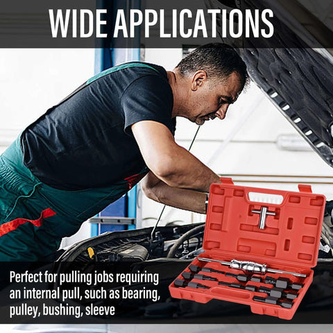 Mechanic using Motorcycle Blind Inner Bearing Puller Tool Kit, 8-32mm Collets Internal Bearing Removal Tool next to an engine.
