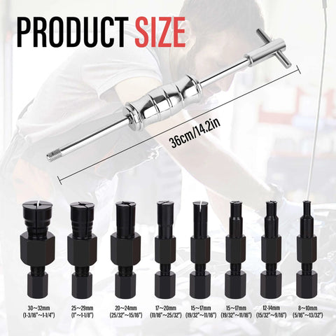 Motorcycle Blind Inner Bearing Puller Tool Kit with slide hammer and 8-32mm collets, showing product size and components.