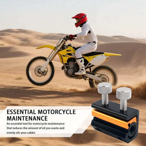 Motorcycle Cable Luber Tool With Dual Opening Design for Easy Cable Lubrication shown next to a biker on sand dunes