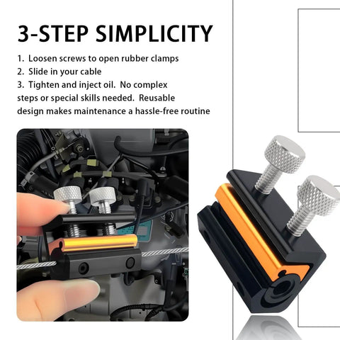Motorcycle Cable Luber Tool With Dual Opening Design for easy cable lubrication and bike maintenance, shown with 3-step simplicity guide