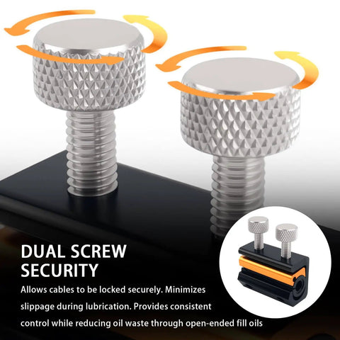 Close-up of dual screw security system on a Motorcycle Cable Luber Tool With Dual Opening Design For Easy Cable Lubrication Portable Compact Bike Maintenance Tool Great For Riders Who Need Quick Cables Lubrication On The Go And Car Accessories.