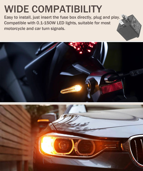 CF-13 LED Flasher Relay 12V Universal Car Turn Signal Relay Hyper Blink Fix for cars, SUVs, and motorcycles shown installed in vehicles