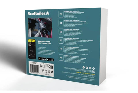 Back view of packaging for Essentials Micro XSystem 3.0 Plus Chain Lubrication System with Bluetooth, multilingual text displayed