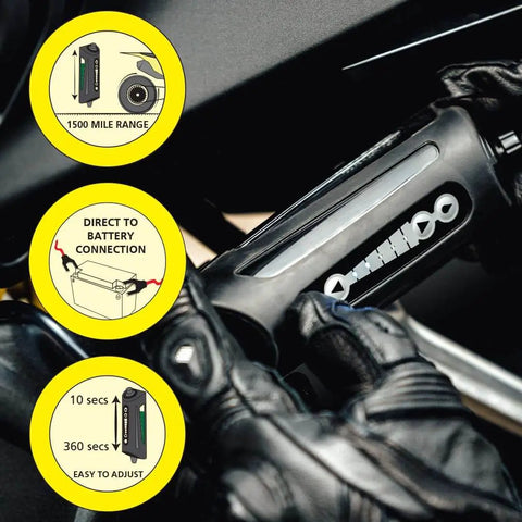 Gloved hand adjusting X System 3.0 Plus Electronic Automatic Motorcycle Chain Lubrication System With Bluetooth App Control on bike