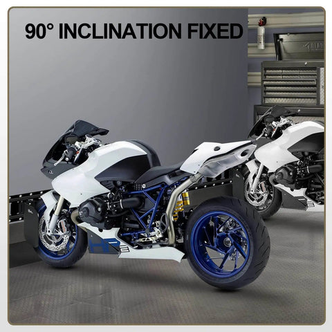 Motorcycle secured with 4 Pack E Track Wheel Chocks For E Track System Perfect For Motorcycles And Dirt Bikes Durable Powder Coated Tire Chocks That Mount On E Track Rails For Enclosed Trailers Garages And Wall Mounts in garage